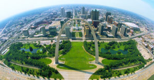 bird's eye view of the Gateway Arch and downtown St. Louis